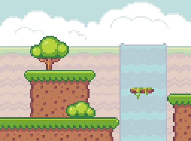 Cascata con verdi colline piattaforma volante ostacolo sopra l'abisso albero verde e cespuglio Interfaccia di gioco Pixel Mondo della grafica di gioco a 8 bit in stile anni '80 Posizione per la grafica 2D del gioco per computer mobile