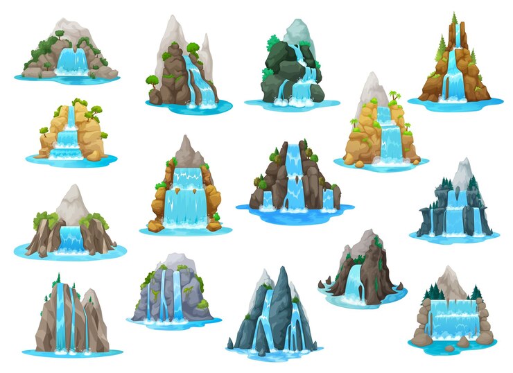 Vettore cascata dei cartoni animati e asset di gioco a cascata d'acqua
