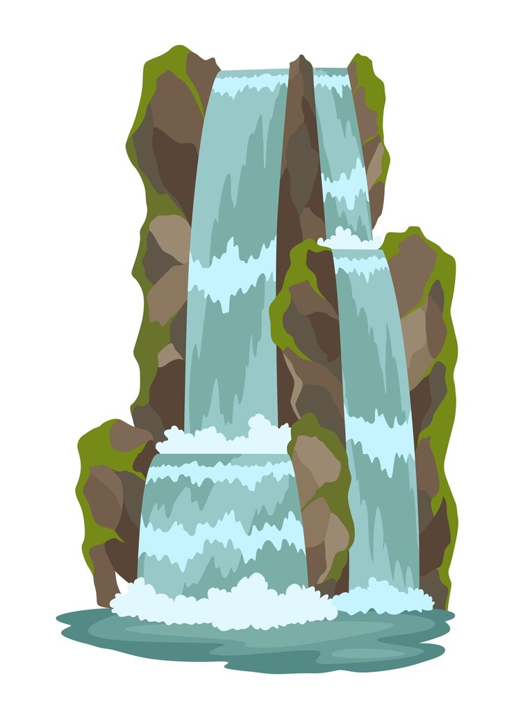 Vettore cascata del fiume cartoon cascata paesaggio con montagne e alberi elemento di design per opuscolo di viaggio o gioco per cellulare illustrazione acqua naturale fresca