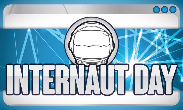 Casco da astronauta in un pulsante su un'etichetta con connessioni di rete e un browser web per l'Internauta Day