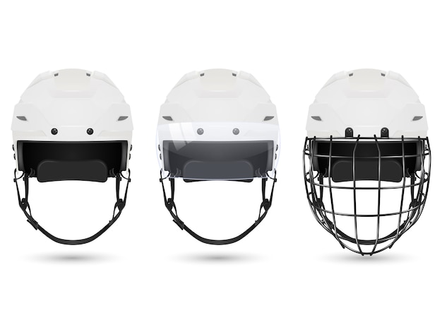 Casco da hockey bianco realistico 3D in tre varietà: senza protezione, con visiera e portieri. Isolato su sfondo bianco.