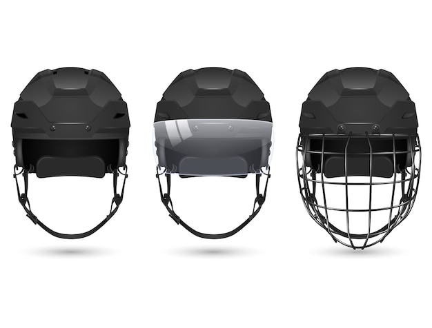 Casco da hockey nero realistico 3D in tre varietà: senza protezione, con visiera e portieri. Isolato su sfondo bianco.