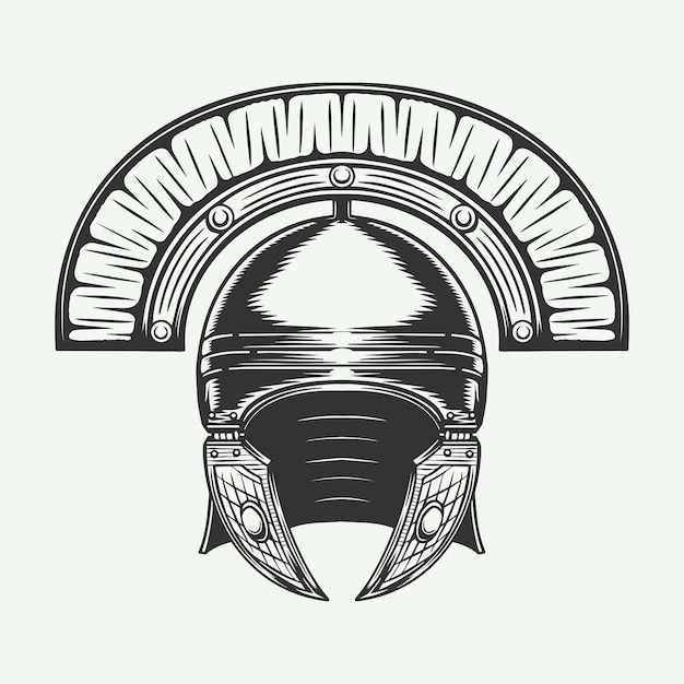 Casco romano da battaglia retrò vintage Protezione armatura cavaliere Illustrazione vettoriale Arte grafica monocromatica