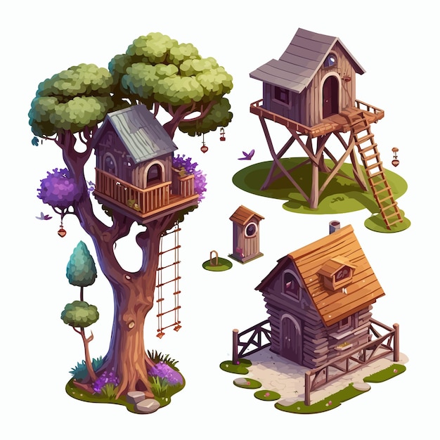 Case sugli alberi in legno con scala e altalena per bambini Isolato su sfondo Illustrazione vettoriale cartoon