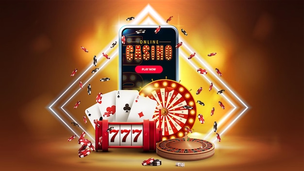 Casinò online, banner arancione con smartphone, slot machine del casinò, roulette, carte da gioco, fiches da poker, Casino Wheel Fortune e cornici a rombo al neon su sfondo, illustrazione vettoriale realistica 3d.