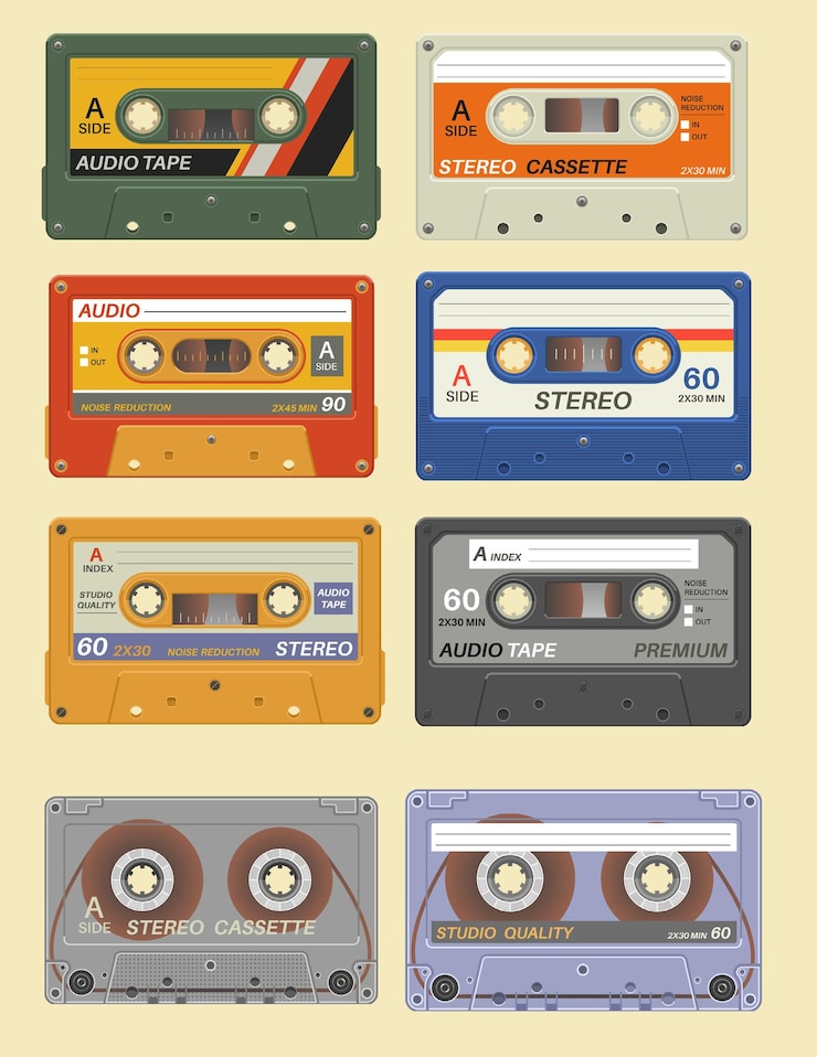 Vettore cassetta musicale retrò tecnologia vintage tipica degli anni '80
