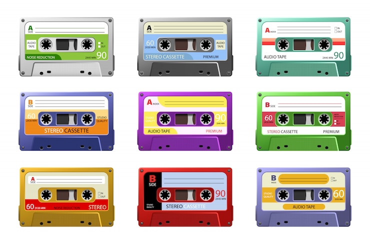 Vettore cassette musicali. nastro audio dj retrò, mix stereo rave party degli anni '80, vecchia tecnologia discografica. grafica web, banner, pubblicità, adesivi
