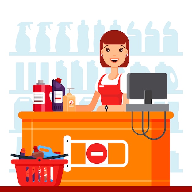 Cassiere della donna in supermercato con prodotti chimici domestici.