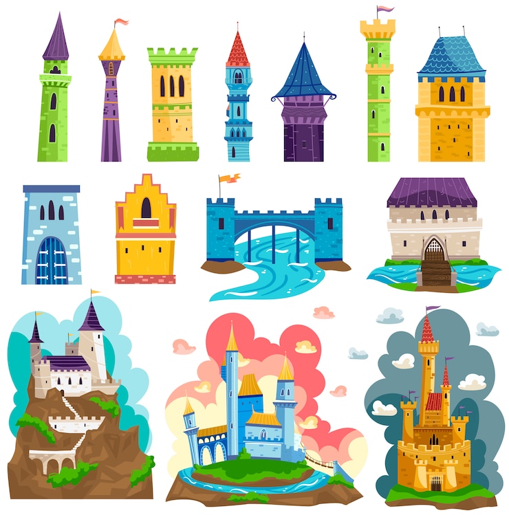 Vettore castelli torri e fortezze illustrazioni di architettura set di cartoni animati, palazzi fatati medievali con torri, pareti e bandiere.