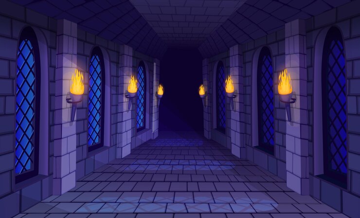 Vettore castello corridoio castelli medievali gioco dungeon mattoni di pietra parete bruciante fuoco torcia all'interno della prigione grotta vecchio tempio spaventoso chiesa labirinto antico palazzo ingegnosa illustrazione vettoriale