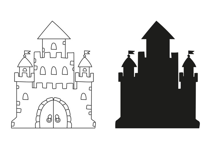 Castello da favola Silhouette nera Elemento di design Illustrazione vettoriale isolata su sfondo bianco Modello per libri adesivi poster carte vestiti