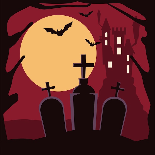 Castello infestato scuro di Halloween nella scena del cimitero