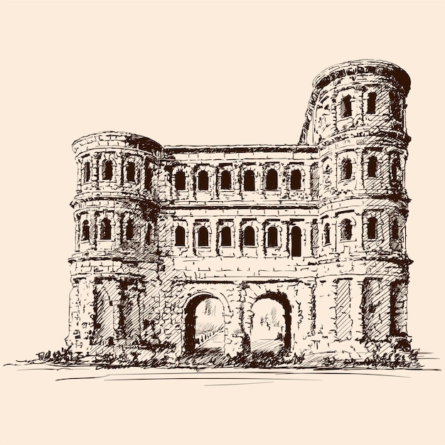 Castello medievale in pietra con torri e archi.