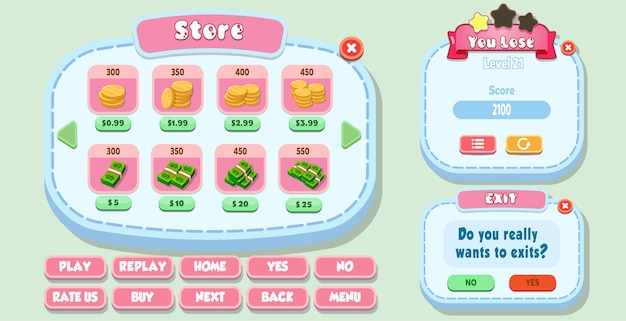 Casual Cartoon Kids Game UI Store, You Lose and Exit Menu Pop up with Stars Buttons