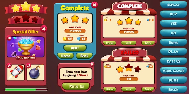Casual Game Ui Kit Menu a comparsa schermate ed elementi di gioco
