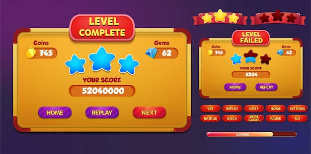 Casual Game Ui Kit Menu a comparsa schermate ed elementi di gioco