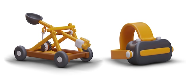 Catapulta realistica e occhiali VR con ombra su sfondo bianco