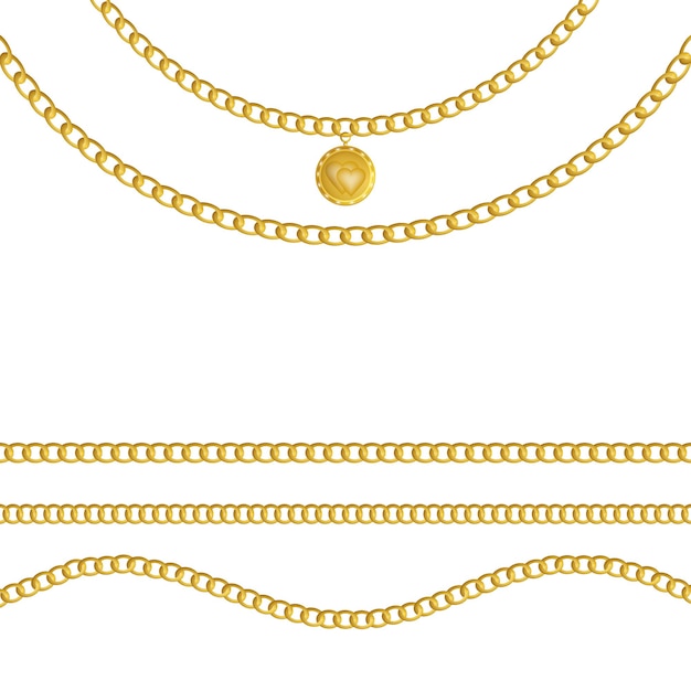 Catena d'oro con ciondolo, isolato su sfondo bianco. Illustrazione vettoriale.