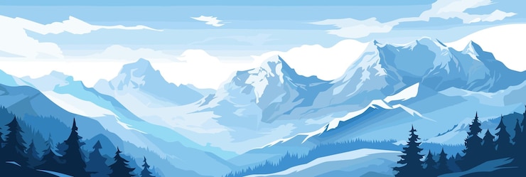 Vettore catena montuosa con illustrazione vettoriale silhouette delle cime innevate alba e tramonto in montagna