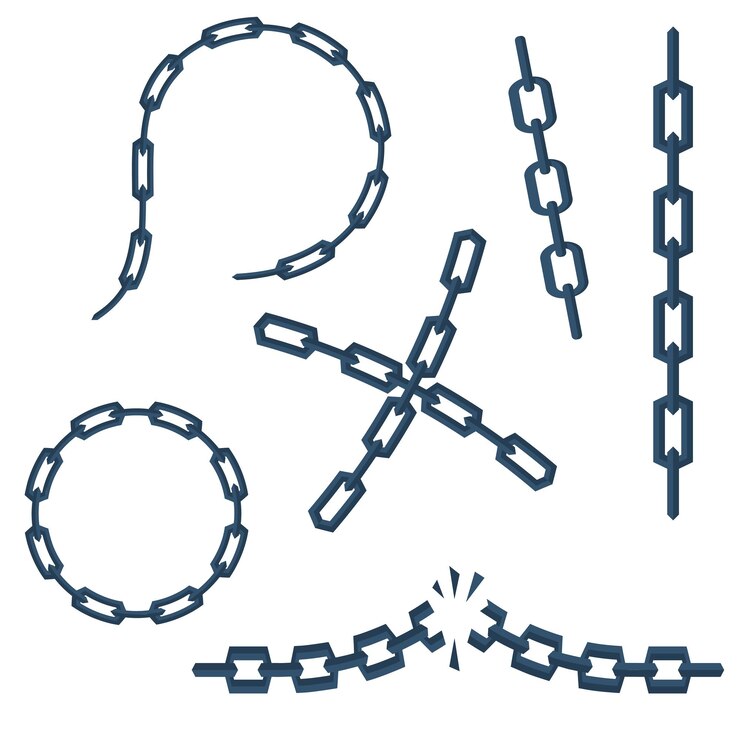 Catena: trasversale, circolare, strappata, dritta. Design piatto illustrazione vettoriale. Isolato su sfondo bianco. Design piatto illustrazione vettoriale. Isolato su sfondo. Simbolo di connessione e rotto.