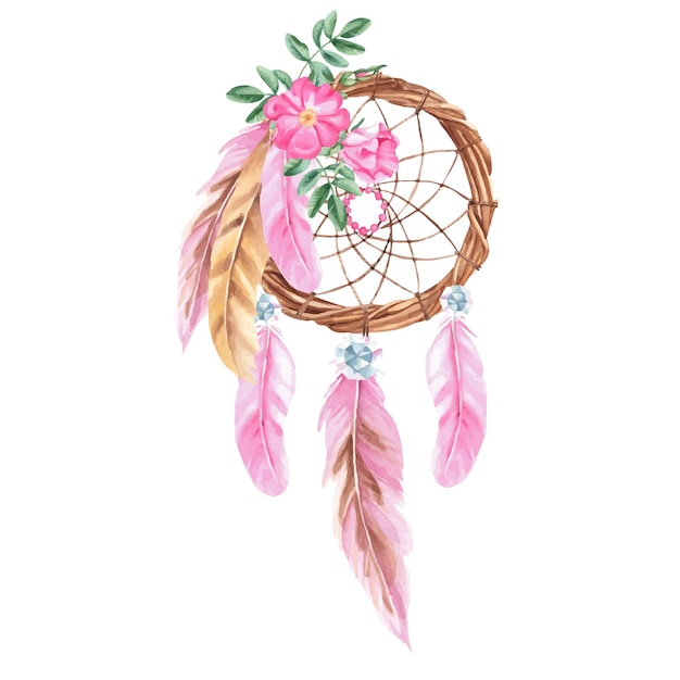 Catturatore di sogni con cane fiori di rosa cristalli e piume rosa acquerello illustrazione disegnata a mano su uno sfondo bianco decorazione bohemia design chic cultura americana mistero ornamento tribale etnico