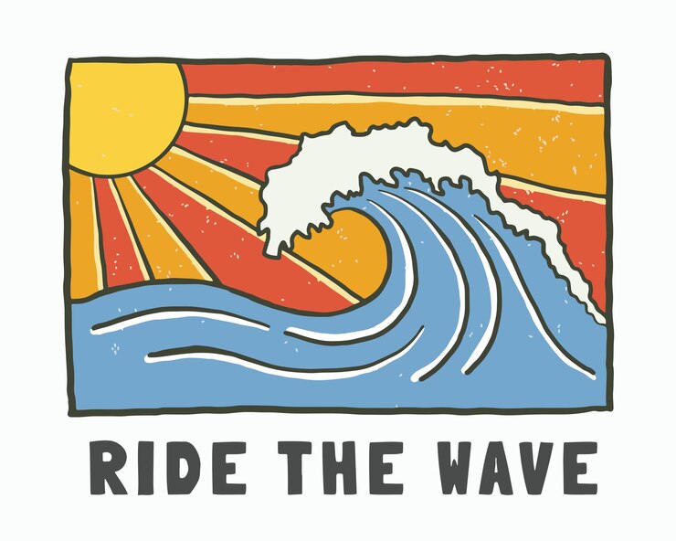 Cavalca l'onda in estate per il design vintage t-shirt badge illustrazione adesivo