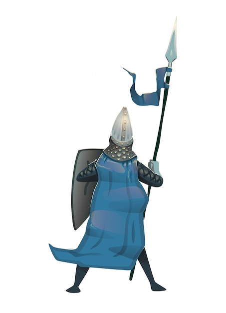 Cavaliere medievale in armatura con scudo e lancia, vista posteriore. illustrazione, .