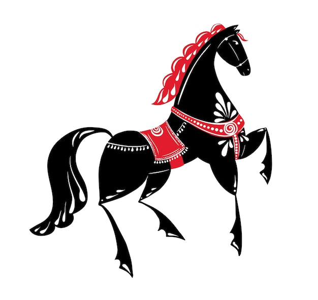 Cavallo nero con una criniera rossa Cultura russa Pittura di Gorodets Schizzo disegnato a mano Fiaba