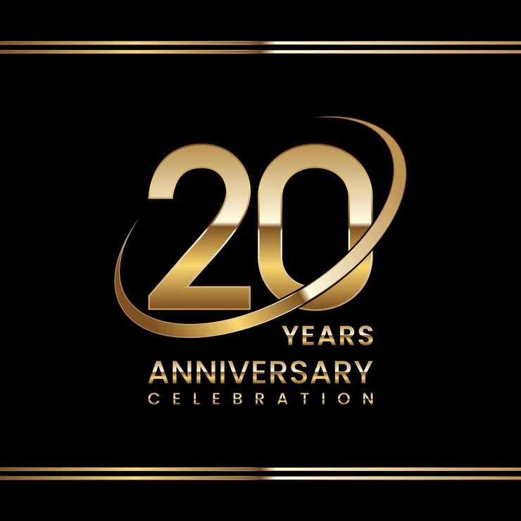 Vettore celebrazione del 20° anniversario design del logo dell'anniversario con modello vettoriale del logo dell'anello d'oro
