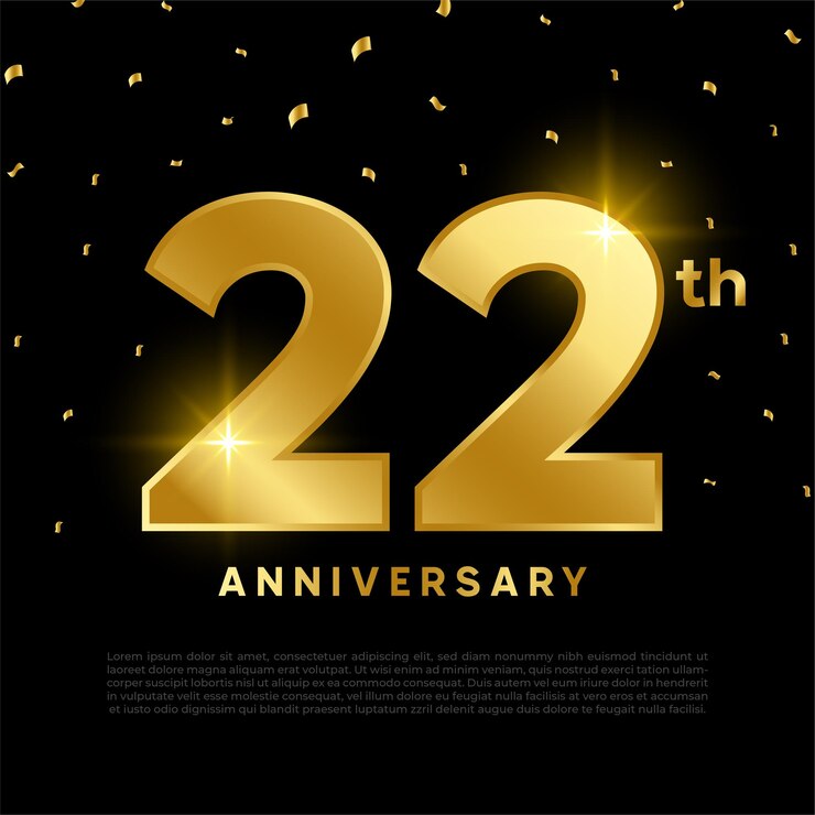 Vettore celebrazione del 22° anniversario con colore glitter oro e sfondo nero