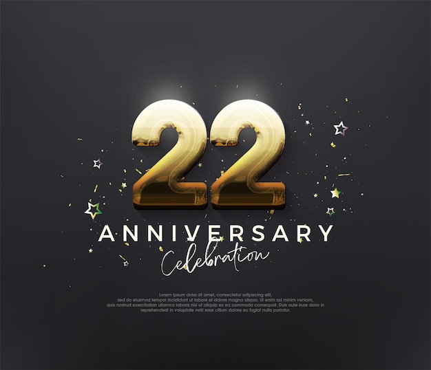 Celebrazione del 22° anniversario con numeri dorati lucidi su uno sfondo nero sfondo vettoriale premium per saluti e celebrazioni