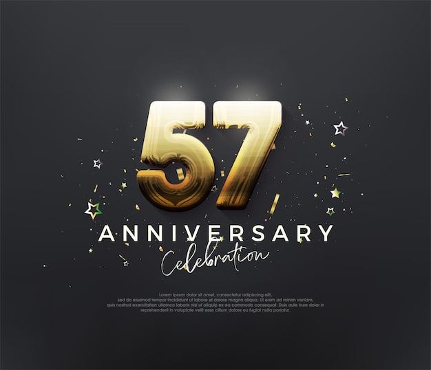 Celebrazione del 57° anniversario con numeri in oro lucido su sfondo nero Sfondo vettoriale premium per auguri e celebrazioni