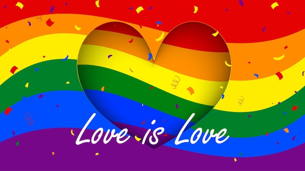 Celebrazione del mese dell'orgoglio a forma di cuore in stile taglio carta su sfondo onda arcobaleno