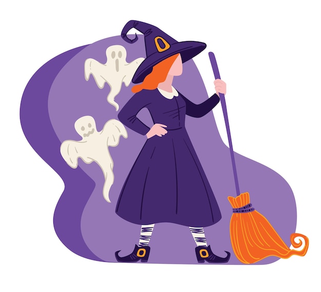 Celebrazione delle vacanze autunnali, vestito da festa in costume di halloween. Donna vestita da strega con stivali e cappello che tiene la scopa. Fantasmi volanti con mago, maga nella casa stregata. Vettore in stile piatto