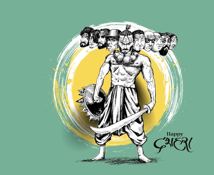 Vettore celebrazione di dussehra - ravana arrabbiato con dieci teste, illustrazione vettoriale di schizzo disegnato a mano.