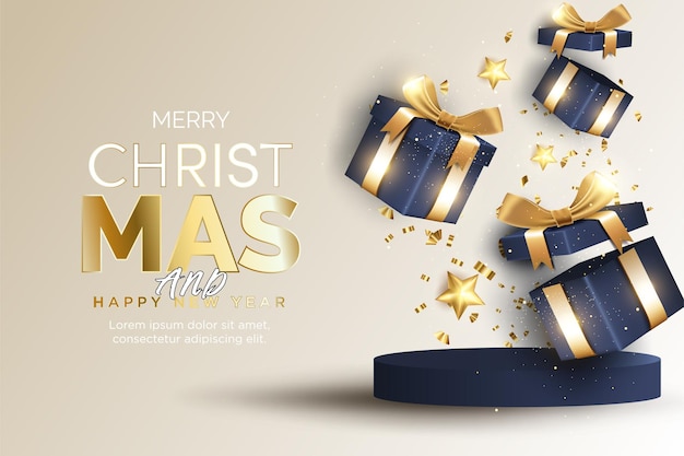 Celebrazione di Natale con illustrazione di scatole regalo sparse.