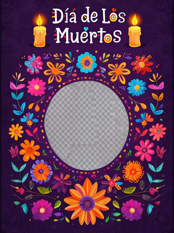 Vettore celebrazione esuberante del giorno dei morti poster fiori vivaci candele e disegni colorati i