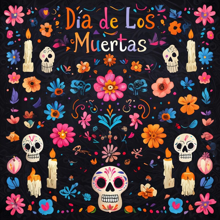 Vettore celebrazione vivace del dia de los muertos un'illustrazione colorata con elementi simbolici e