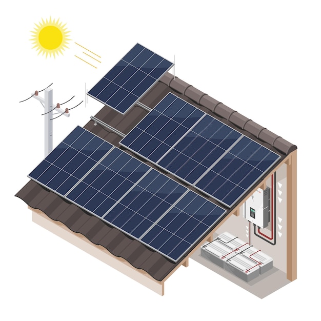 Cella solare Installazione domestica Vector sul tetto di una casa Mostra inverter e batteria sul sistema di rete