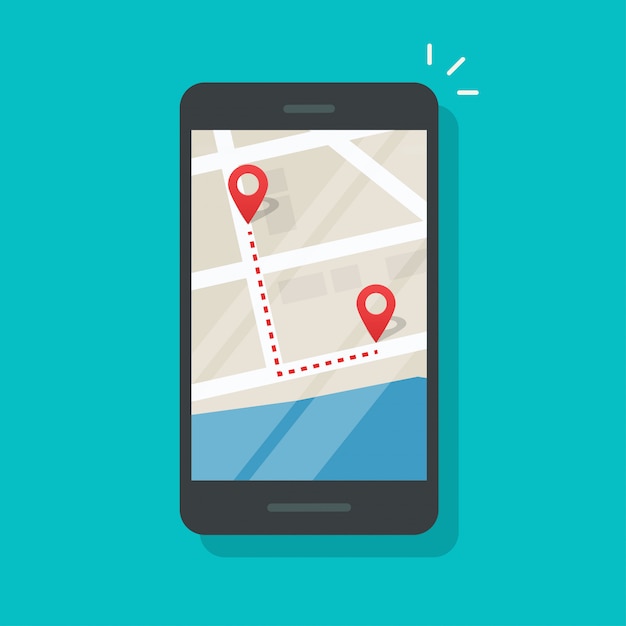 Cellulare con puntatori della mappa della città e direzione della pista
