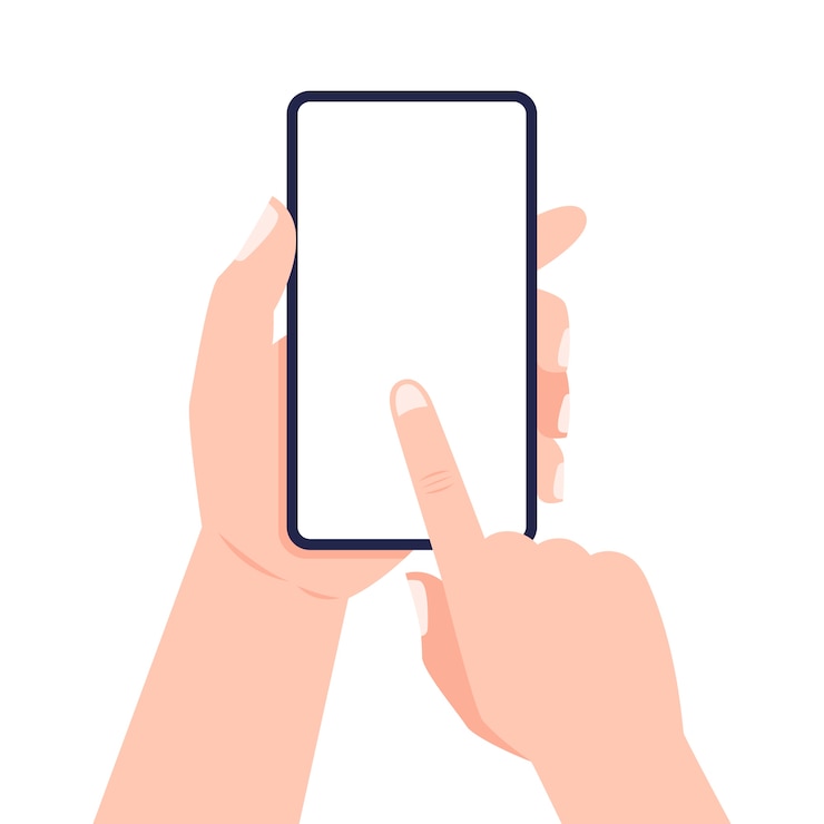 Vettore cellulare in mano. mano che tiene smartphone e schermo commovente. .