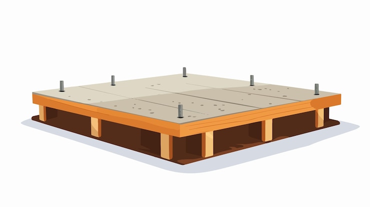 Vettore cemento liquido versato in casseforme con rinforzo nel cantiere di costruzione