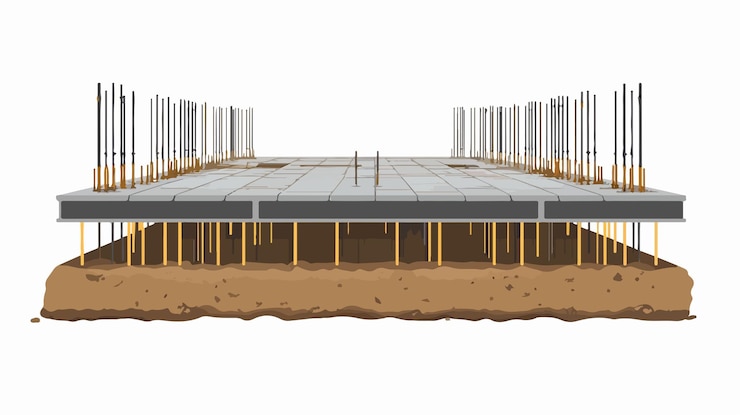 Vettore cemento liquido versato in casseforme con rinforzo nel cantiere di costruzione