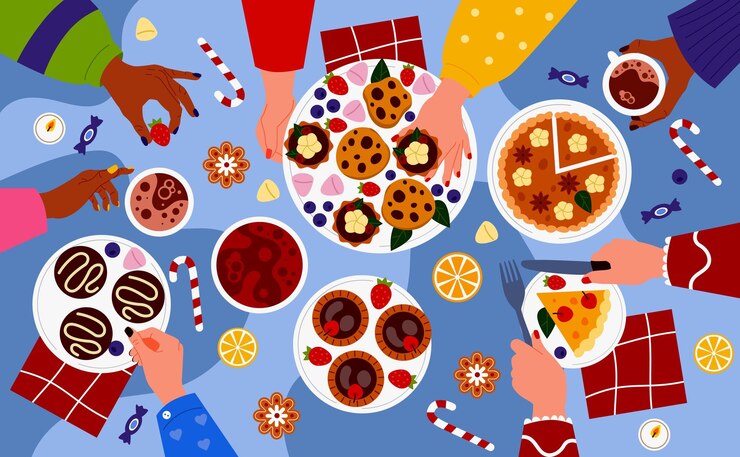Vettore cena in famiglia mani al tavolo da pranzo persone che parlano e mangiano cibo natalizio insieme pranzo festa di amici riunione pasticceria festiva vista superiore vettore cartone animato illustrazione ordinata