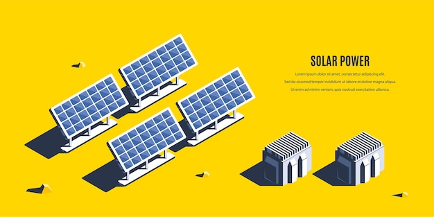 Centrale solare isometrica. Concetto 3D di energia rinnovabile