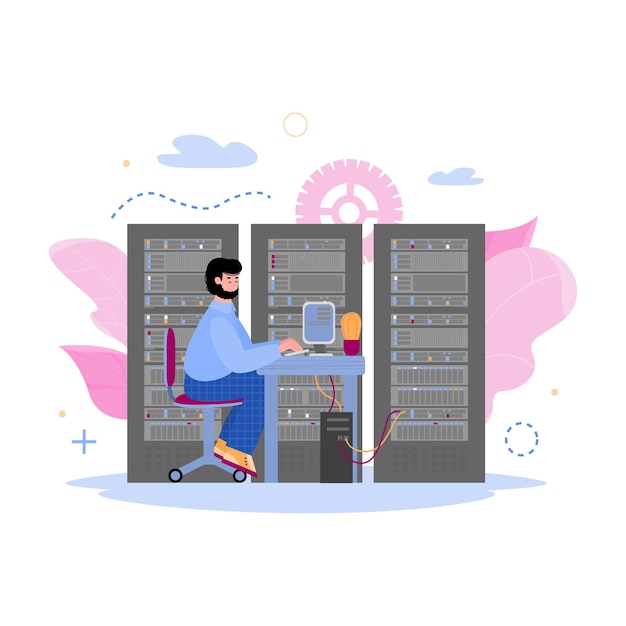 Centro dati con lavoratore nel fumetto del server isolato su bianco