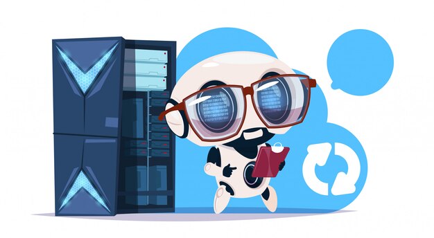 Centro di intelligenza artificiale di archiviazione dati con server e personale di hosting. Concetto di cybermind di supporto di comunicazione del robot del computer