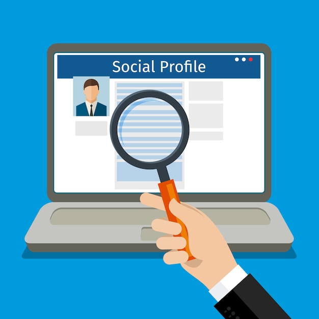Cerca profilo social. Computer portatile con social network. Design piatto,