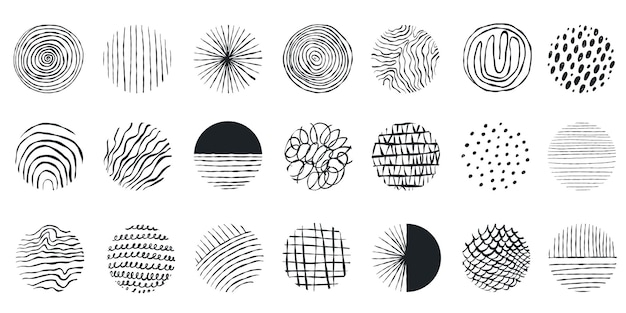 Cerchi di doodle Modello minimo disegnato a mano astratto Forme rotonde isolate e gocce o tratti di inchiostro elementi decorativi scarabocchiare forme moderne Sfondo minimalista Punti neri e linee set vettoriale