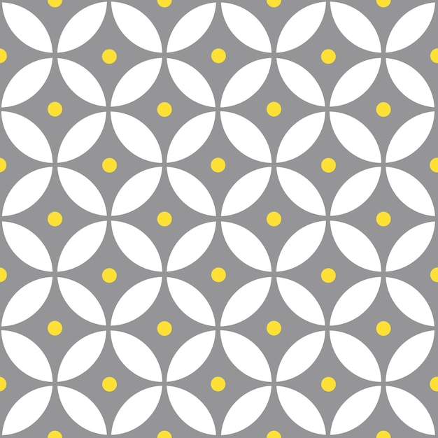 Cerchi sovrapposti e astratto a pois. Modello senza cuciture geometrico giallo e grigio.